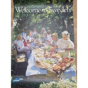 Vintage Swedish Sweden Travel Poster Food Picnic 39”x26” Original Picnic 1960s